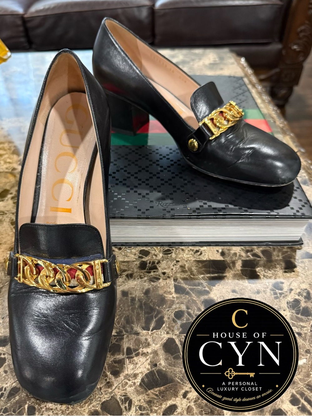 Gucci Sylvie Black Leather Mid-Heel Pumps, Gold Chain, Web Detail, Size 38